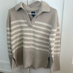 GAP All Cotton Women's Polo Style Sweater in Beige and Cream Stripes